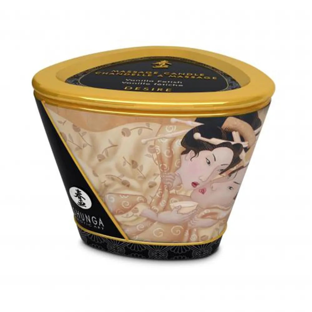 Bougie de massage Shunga à la vanille, pot triangulaire doré et noir, illustration artistique, ambiance romantique.