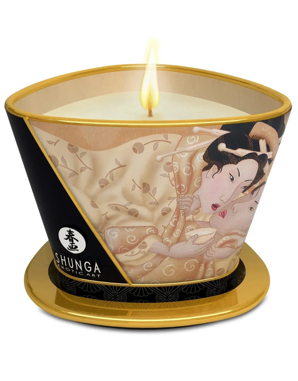 Bougie de massage Shunga vanille, pot conique décoré d'art japonais, cire blanche, flamme allumée, ambiance romantique.