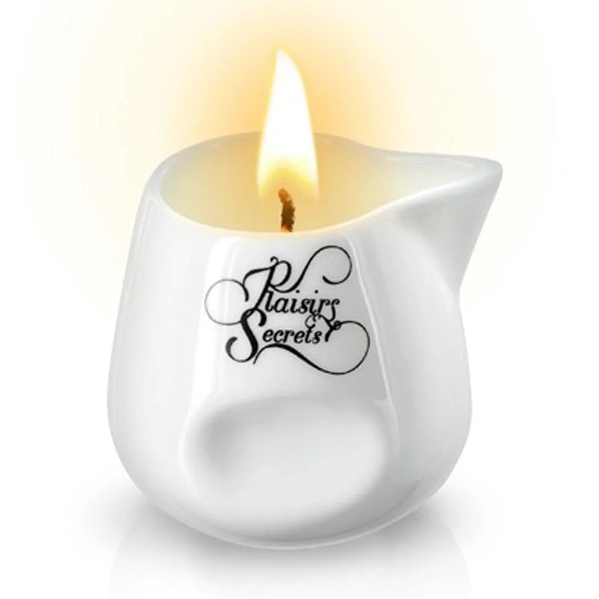 Bougie de massage en céramique blanche avec bec verseur, cire végétale, parfum thé blanc, fabriquée en France.