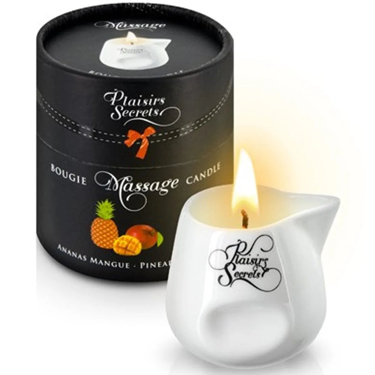 Bougie de massage ananas mangue en pot céramique blanc avec bec verseur, packaging élégant noir et fruits illustrés.