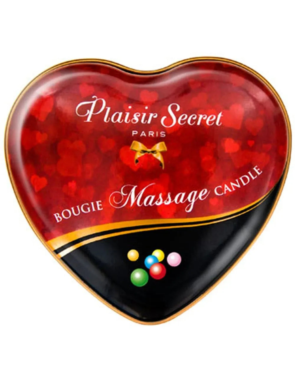 Bougie de massage en boîte cœur rouge, parfum bubble gum, pour moments sensuels et relaxants.