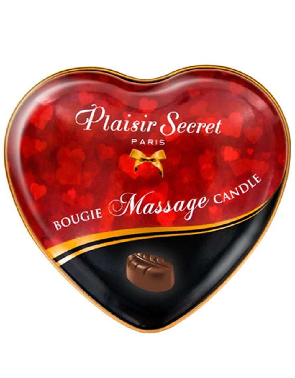 Bougie de massage en boîte cœur rouge, parfum chocolat, pour moments intimes et relaxants.