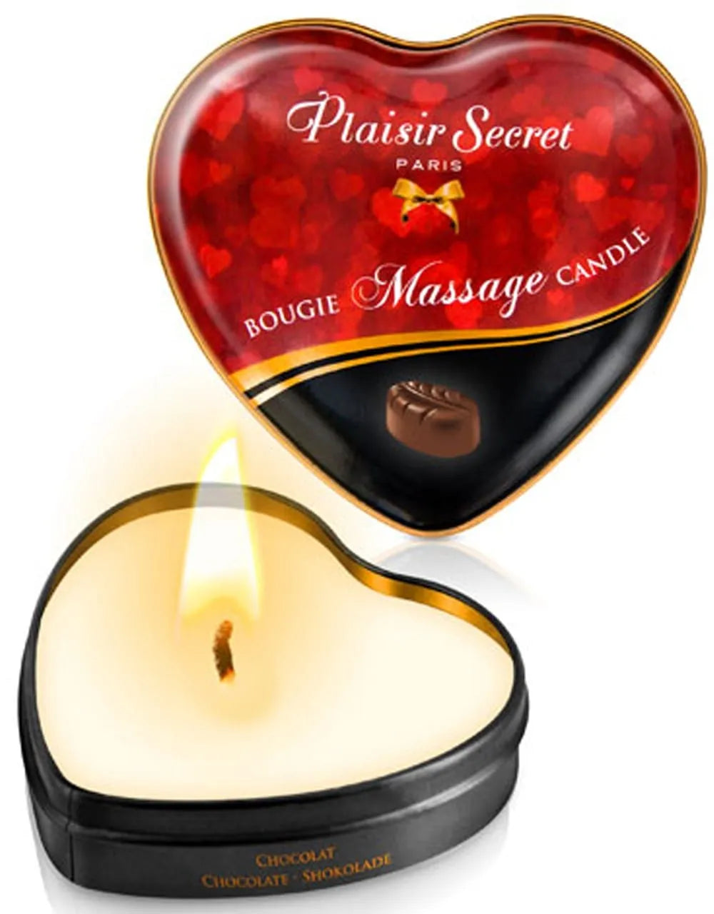 Bougie de massage chocolat en boîte cœur rouge, cire fondante pour huile sensuelle, parfum gourmand.