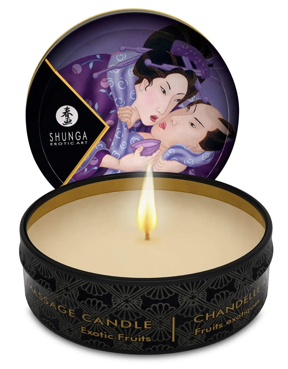 Bougie de massage érotique fruit exotique, cire blanche, pot rond noir avec illustration artistique sur le couvercle.