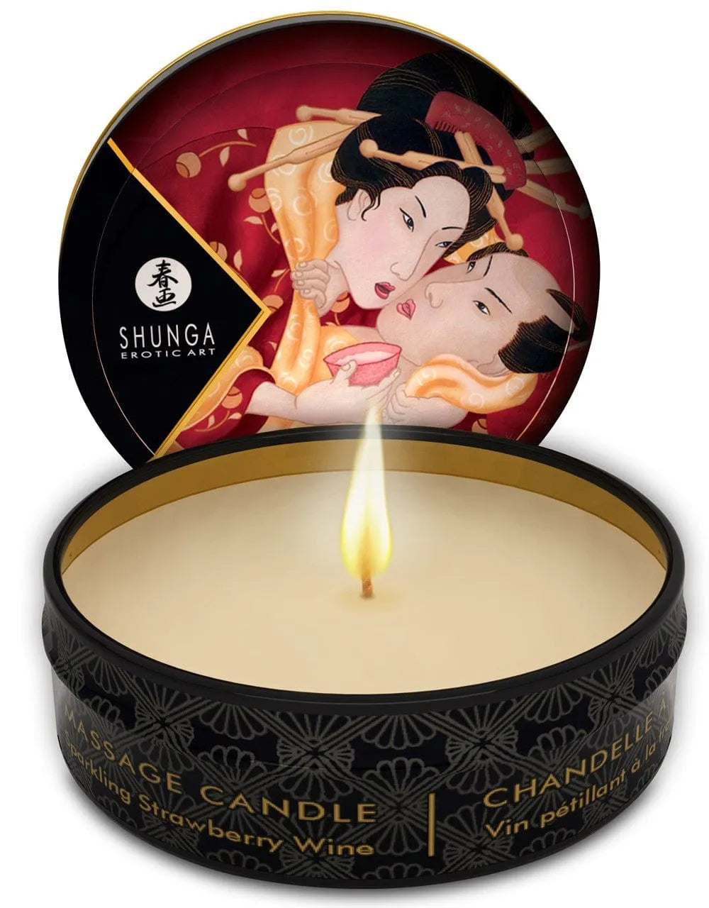 Bougie de massage sensuelle fraise vin pétillant, cire blanche, pot rond noir avec couvercle illustré, 30 ml.