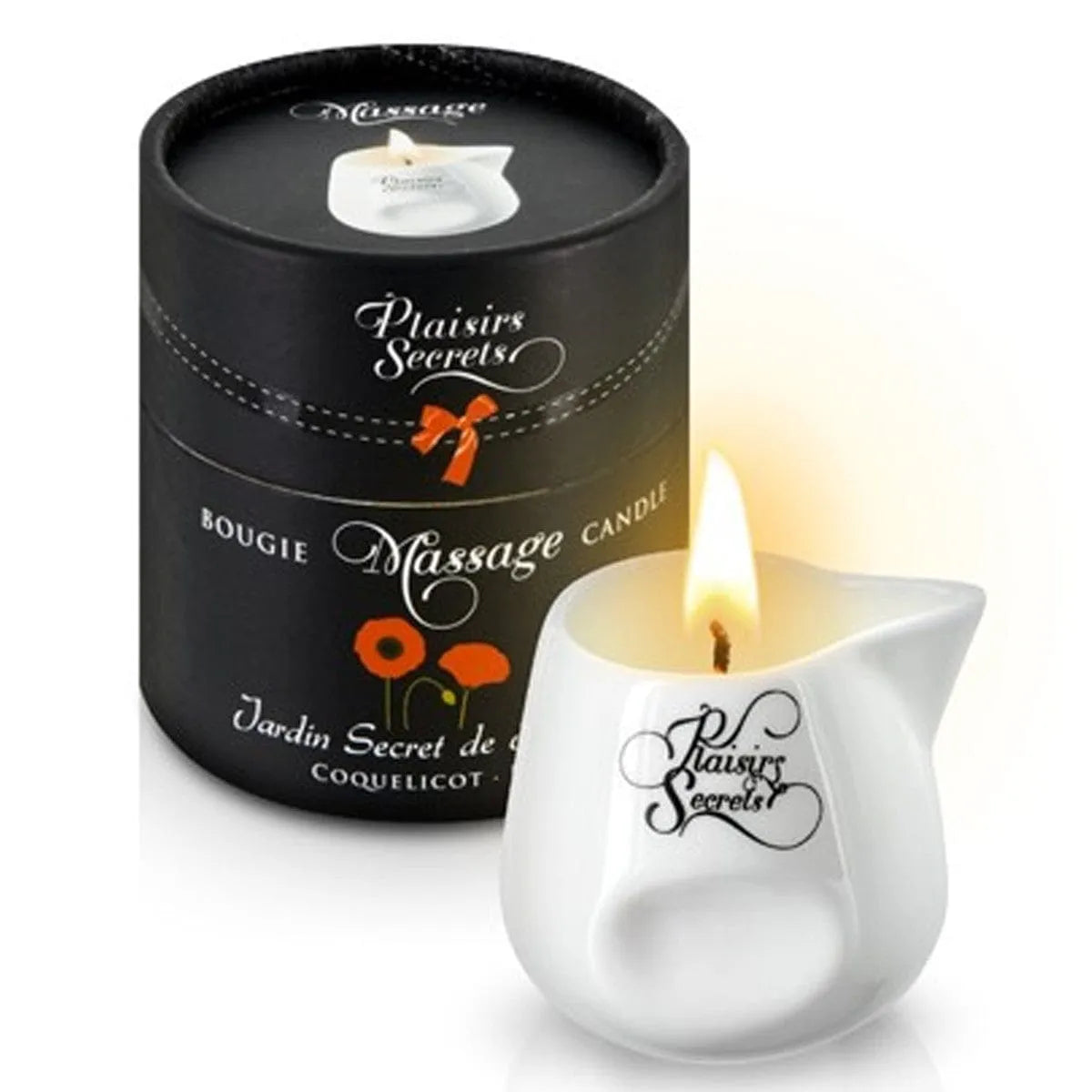 Bougie de massage coquelicot en pot céramique blanc avec bec verseur, packaging noir élégant, 80ml.