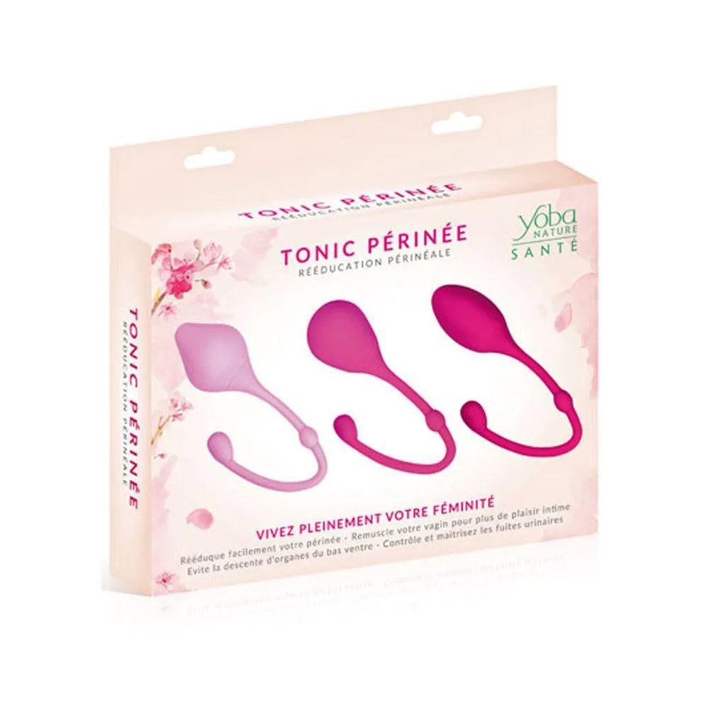 Ensemble de 3 boules de geisha colorées pour rééducation périnéale, avec livret d'exercices, dans une boîte élégante.