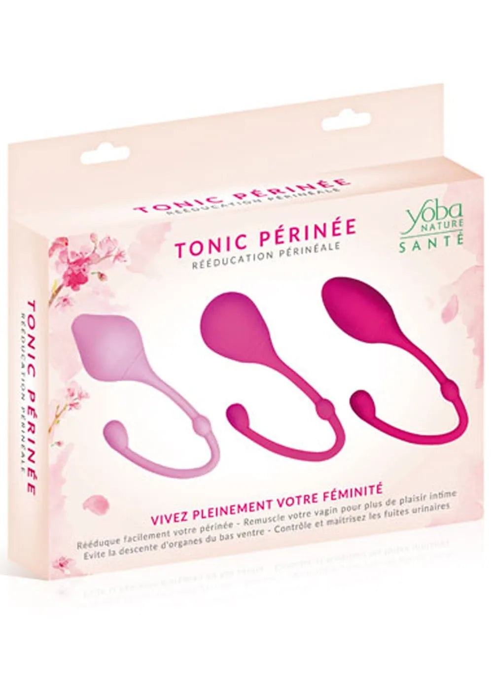 Ensemble de 3 boules de Geisha colorées pour rééducation périnéale, avec livret d'exercices, sur fond blanc.