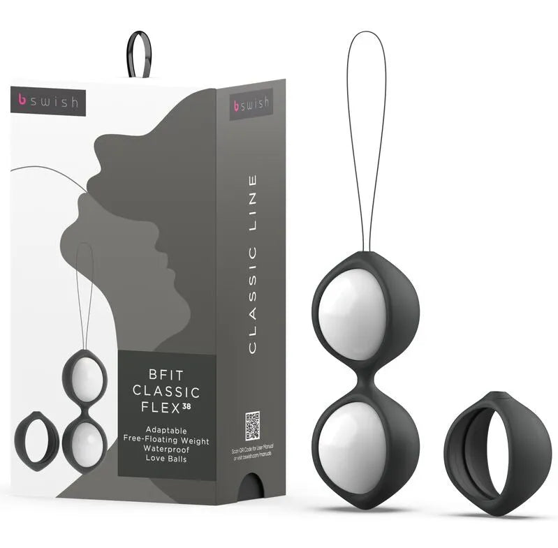 Boule de geisha en silicone noir avec poids ajustables, design ergonomique, boîte d'emballage élégante.