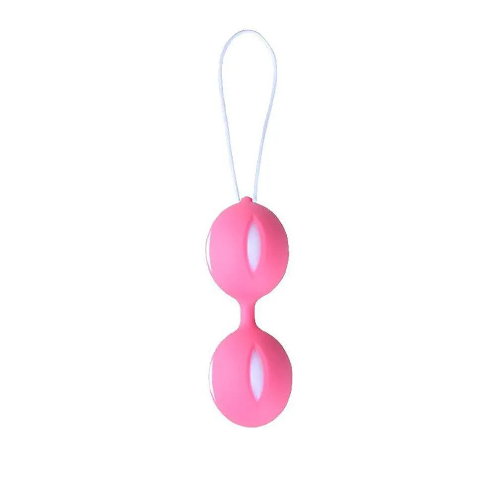 Boules de Geisha rose et blanches en silicone médical, forme ergonomique pour confort et stimulation périnéale.