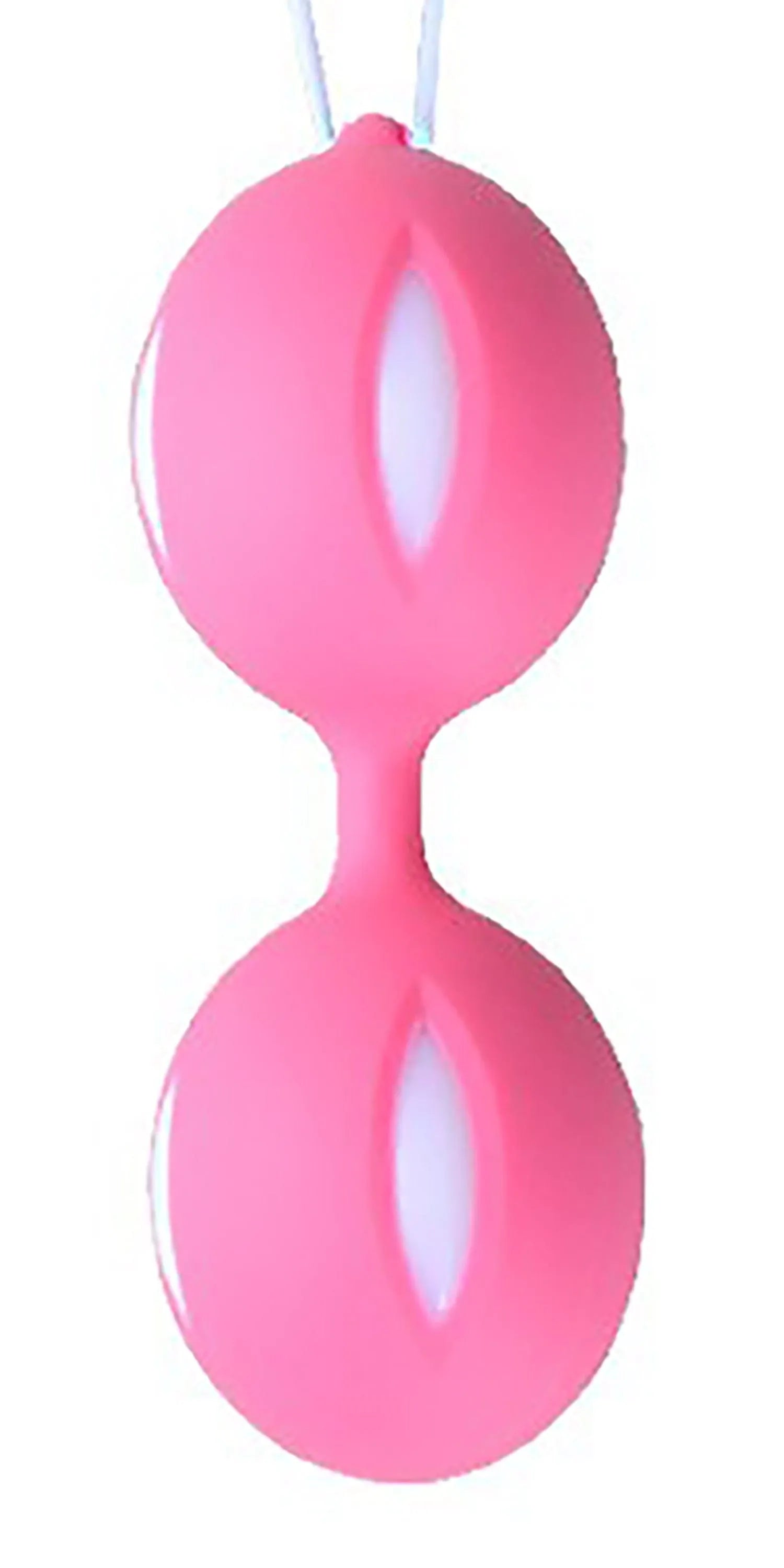 Boule de Geisha rose et blanche en silicone médical, forme ergonomique pour confort et stimulation périnéale.