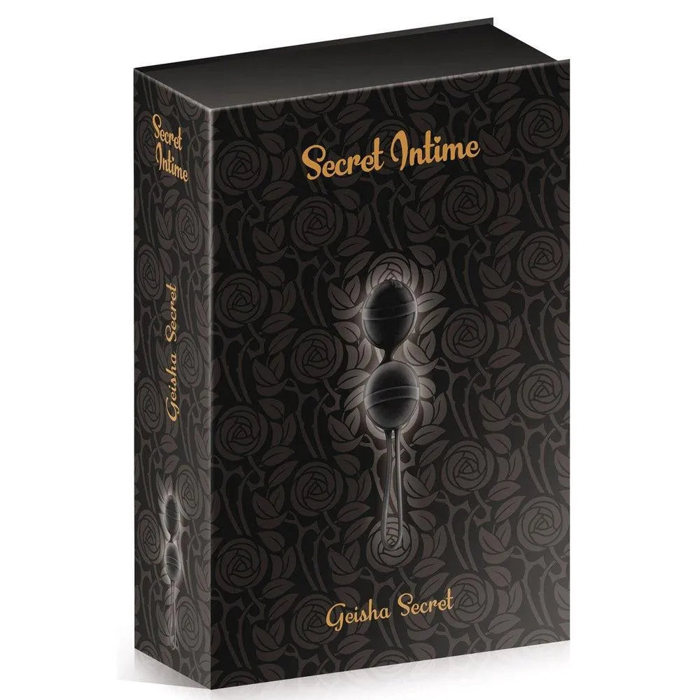 Boule Geisha noire en silicone douce, dans boîte élégante avec motifs floraux pour rééducation périnéale.