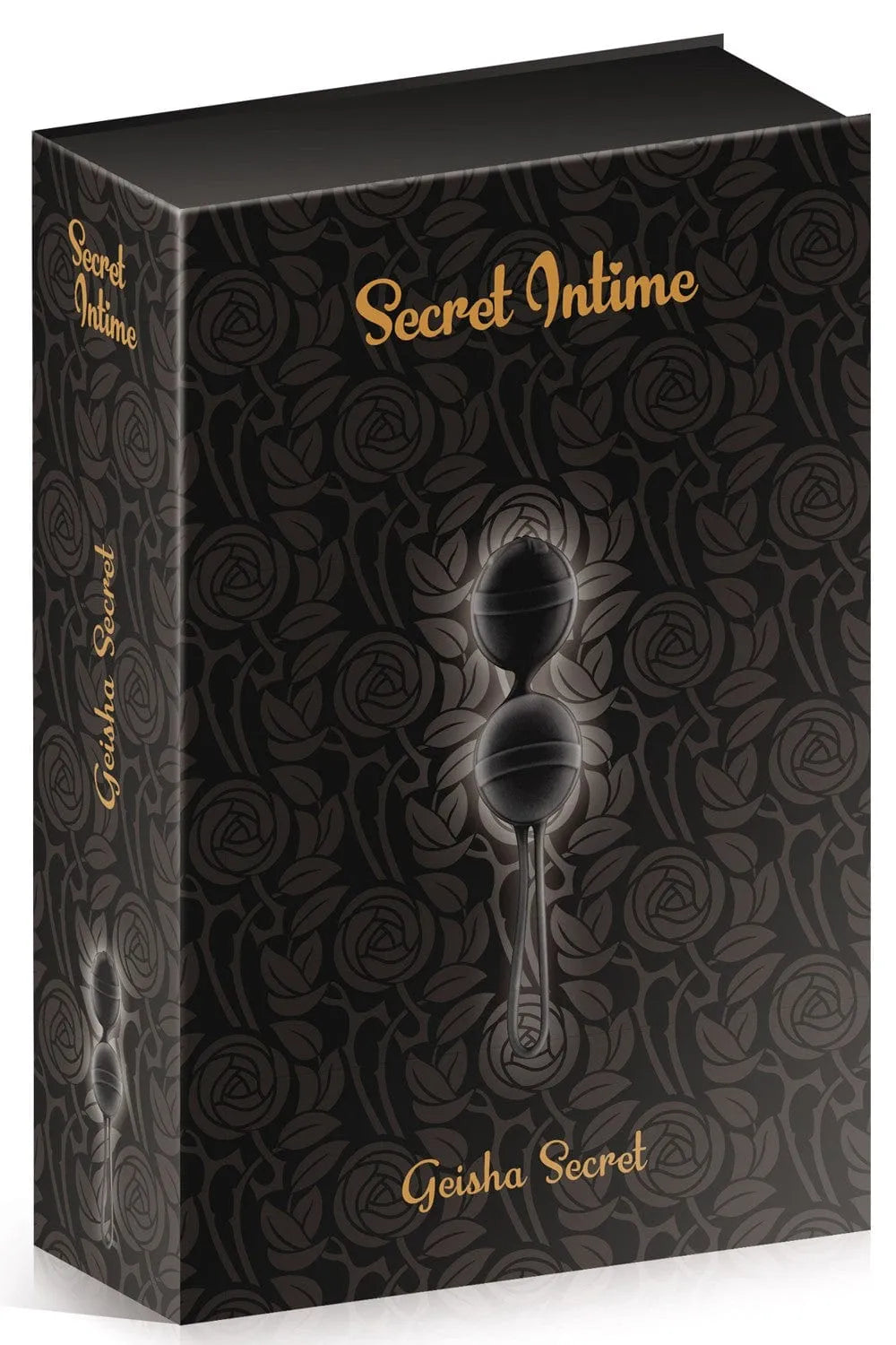 Boule Geisha noire en silicone douce, dans une boîte élégante avec motif floral, pour rééducation périnéale.