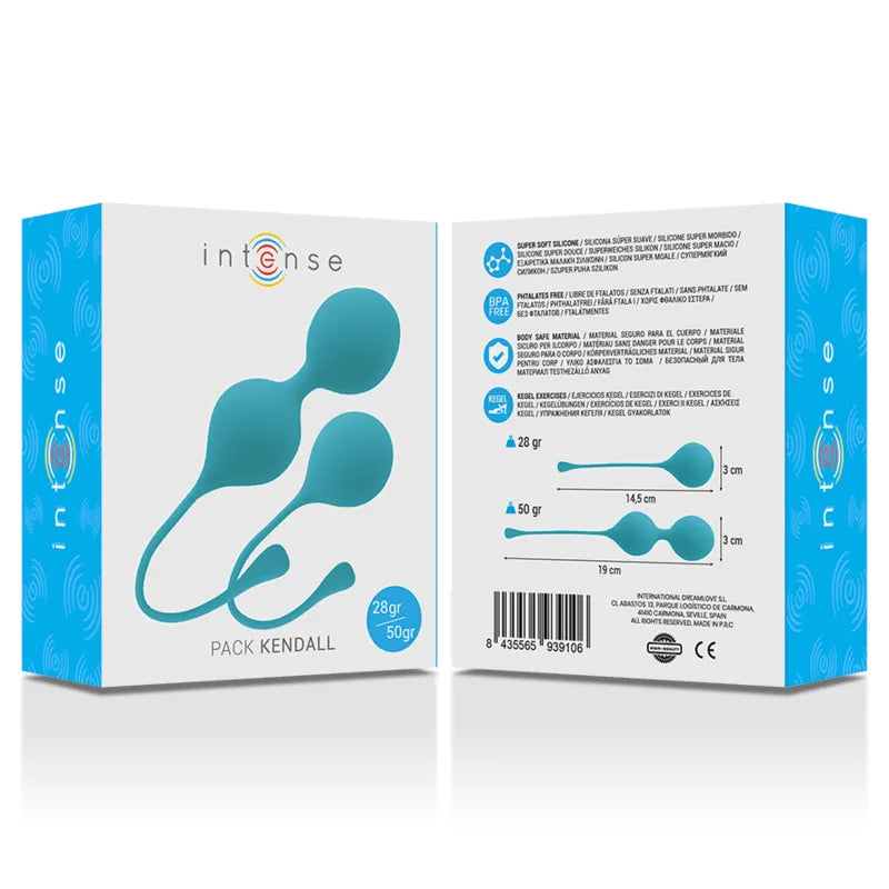 Boules chinoises bleues en silicone pour renforcement pelvien, Pack Kendall, avec boîte et détails du produit visibles.