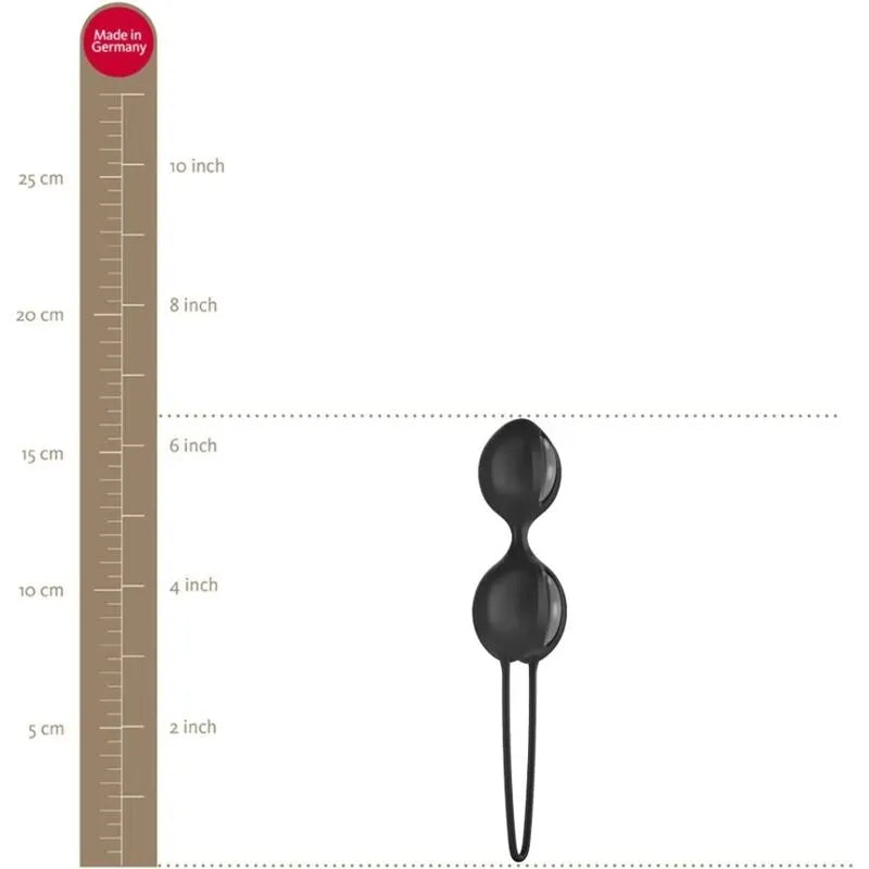 Boules de geisha noires avancées, forme ergonomique, renforcement pelvien, échelle de taille, fabriquées en Allemagne.