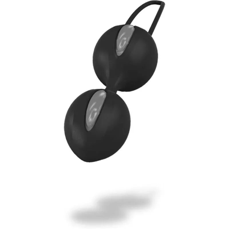 Boules de geisha noires avec cordon, design ergonomique pour renforcement pelvien avancé, surface lisse et détails gris.