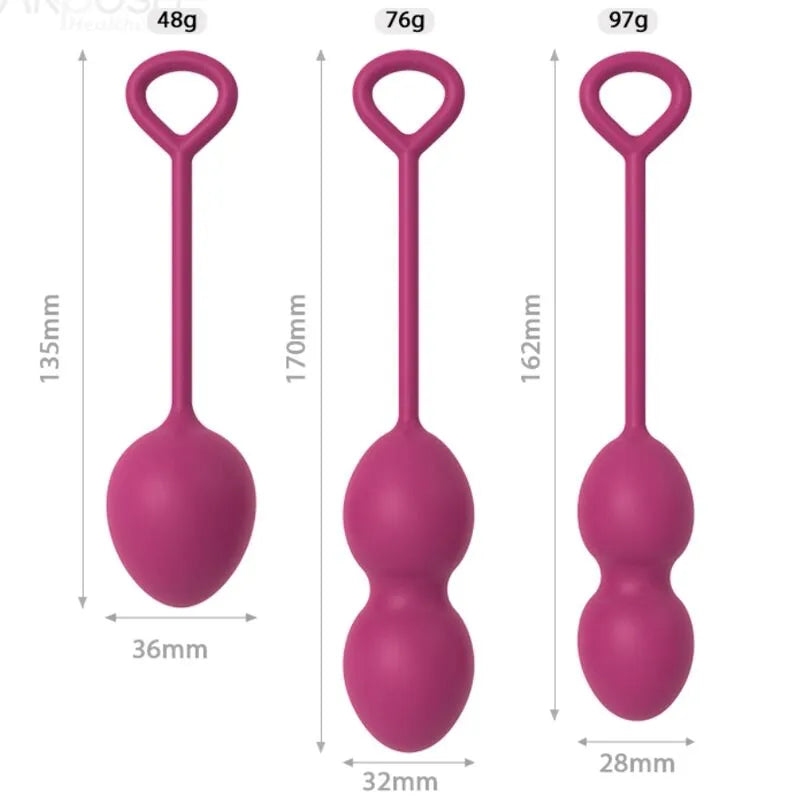 Boules de geisha bordeaux en ABS-Silicone, trois tailles, pour tonification pelvienne et bien-être intime.