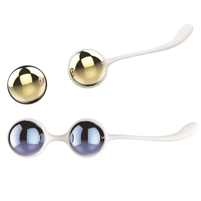 Boules de Geisha en aluminium doré Nalone Yani avec supports blancs, design ergonomique pour exercices de Kegel.