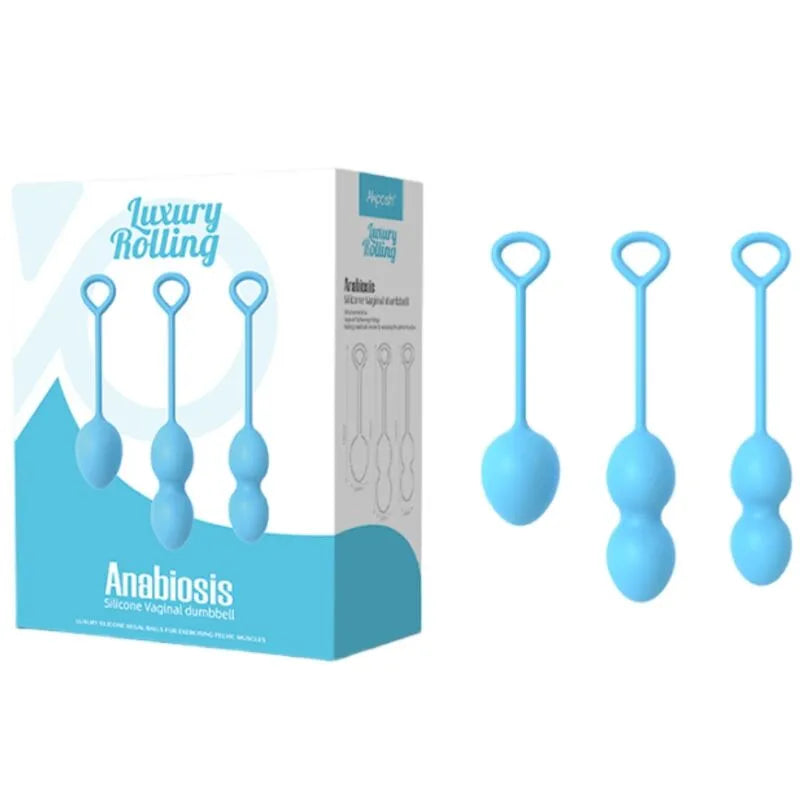 Boules de geisha en silicone bleu, forme ergonomique, boîte incluse, bien-être intime et renforcement pelvien.
