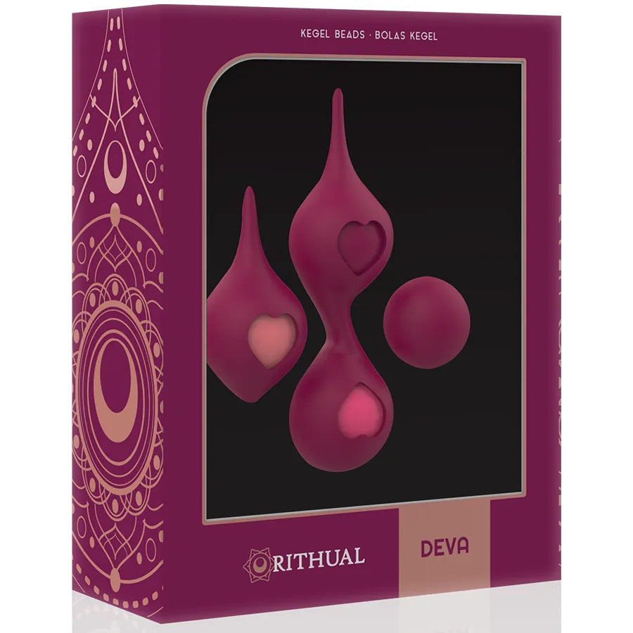 Boules Geisha en silicone médical rose, trois tailles, dans une boîte élégante avec motifs dorés, pour renforcement pelvien.