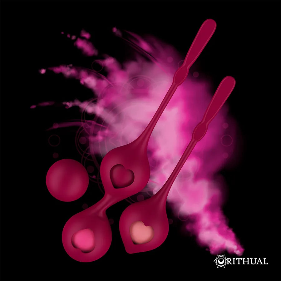 Boules Geisha en silicone médical rose avec poignées, motifs cœur, sur fond noir et rose, pour renforcement pelvien.