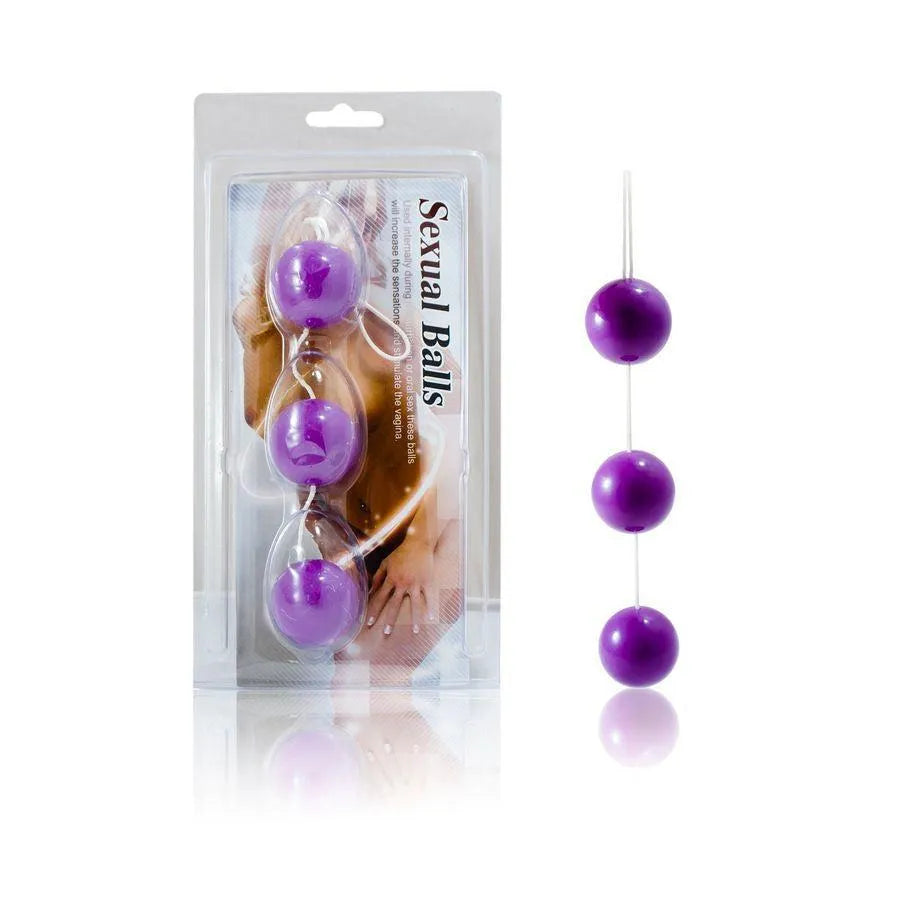 Boules de Geisha lilas en ABS doux, trois boules ergonomiques sur fil, emballage transparent, 20 cm de longueur totale.