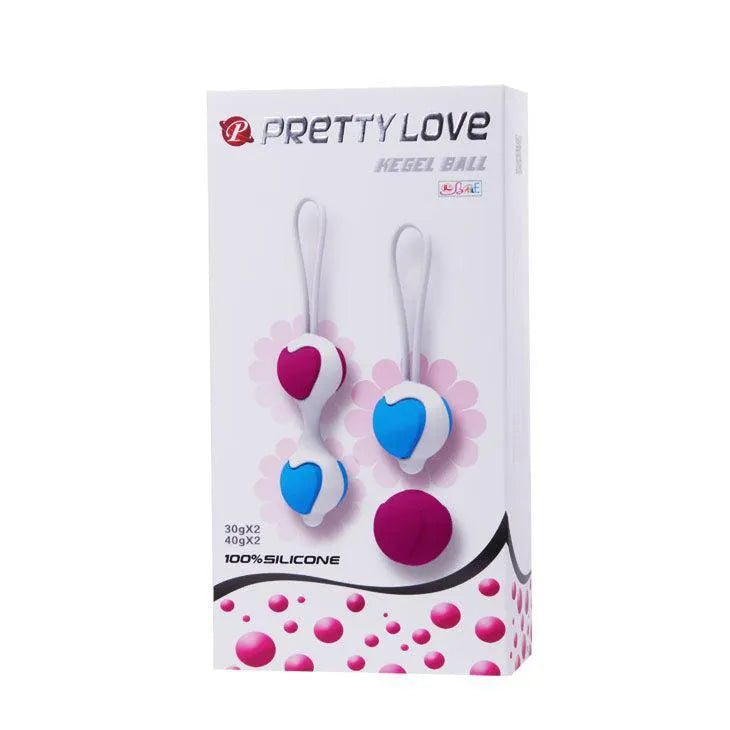 Boules de Geisha Pretty Love en silicone rose et bleu, boîte blanche, renforcement pelvien, bien-être féminin.