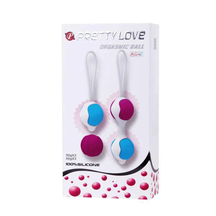 Boules de Geisha Pretty Love en silicone blanc et bleu, interchangeables, dans un emballage élégant pour bien-être intime.