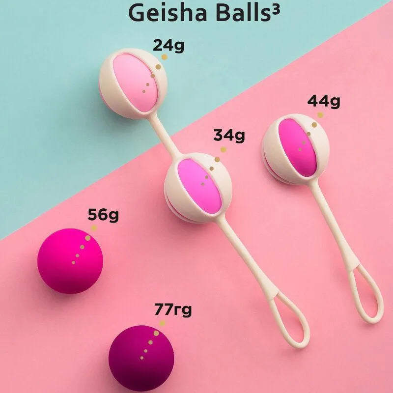 Boules de Geisha silicone médical, couleurs variées, poids interchangeables pour exercices Kegel et renforcement pelvien.