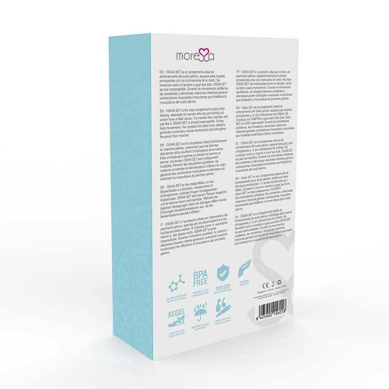 Boules de Geisha en silicone bleu, design élégant, boîte avec texte et icônes, pour renforcement pelvien féminin.