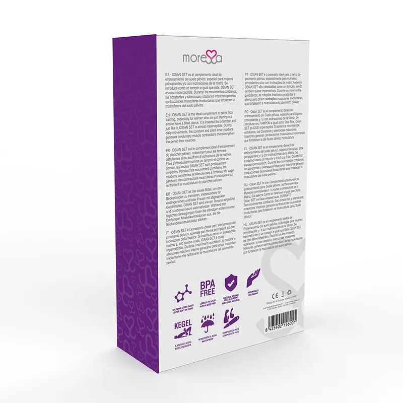 Boîte violette de boules Geisha en silicone hypoallergénique, texte descriptif et logos certifications visibles.