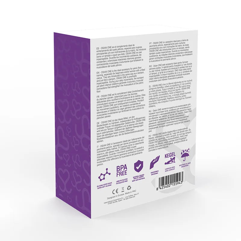 Boules de Geisha en silicone violet, design élégant, boîte blanche avec texte explicatif, renforcent le plancher pelvien.