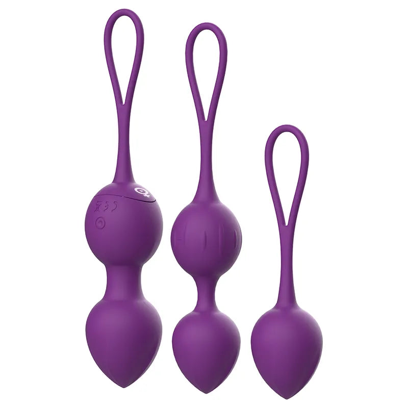 Boules de Geisha vibrantes violettes pour débutantes, forme ergonomique, avec cordon de retrait, poids progressif.