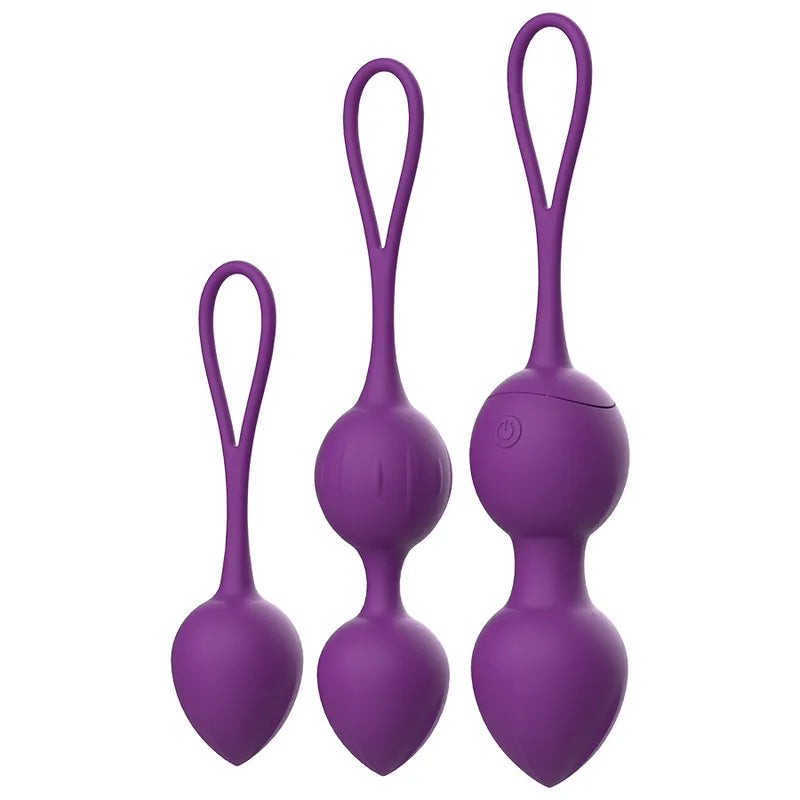 Boules de Geisha vibrantes violettes pour débutantes, forme ergonomique, trois tailles pour entraînement progressif.