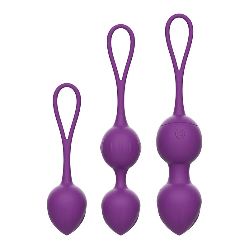 Boules de Geisha vibrantes violettes pour débutantes, trois tailles, avec cordons de retrait, pour entraînement et plaisir.