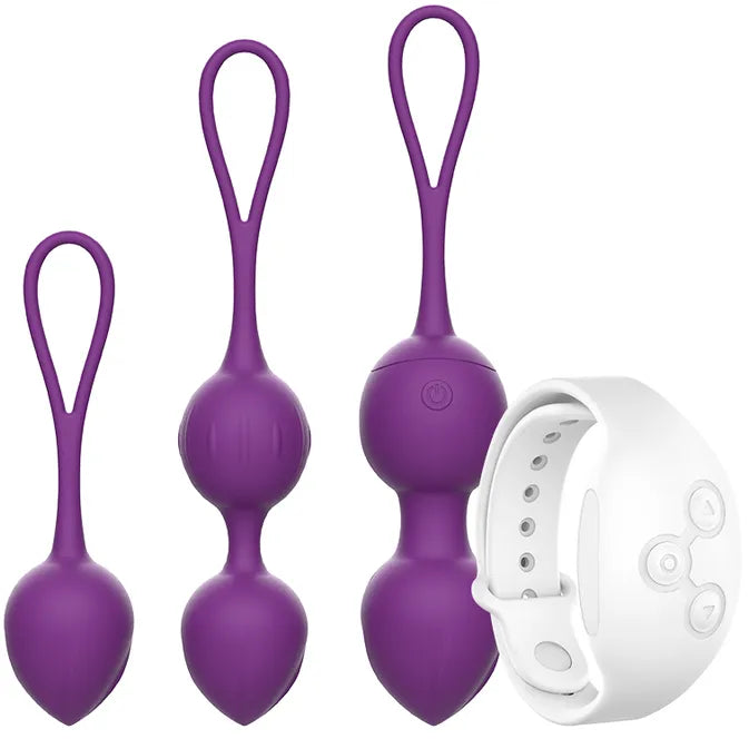 Boules de Geisha vibrantes violettes pour débutantes avec télécommande blanche, design ergonomique et poids progressif.