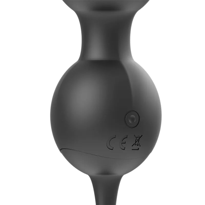 Boules de Geisha noires vibrantes et rechargeables pour renforcement pelvien, avec bouton et marquage CE visible.