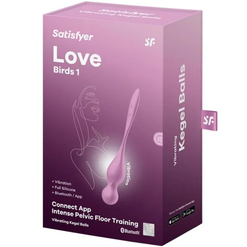 Boules de Geisha vibrantes Satisfyer en silicone rose, forme ergonomique, 12 programmes, boîte violette.