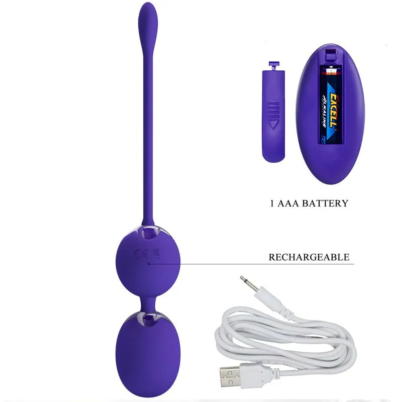 Boules de Geisha violettes vibrantes avec télécommande, silicone médical, 12 modes, câble USB, batterie AAA.