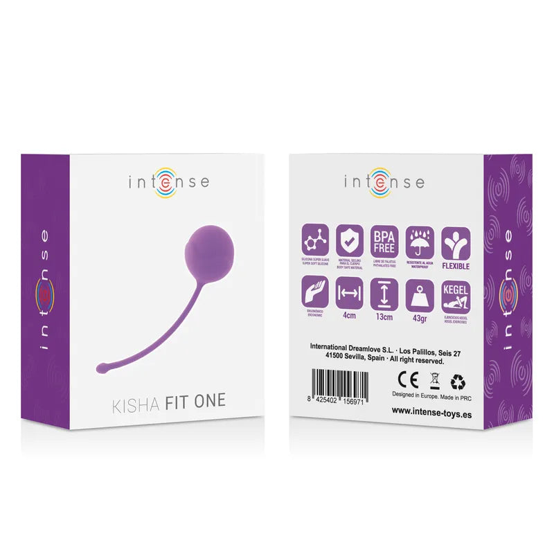 Boules de Kegel en silicone médical violet pour tonification pelvienne, boîte blanche avec détails violets.