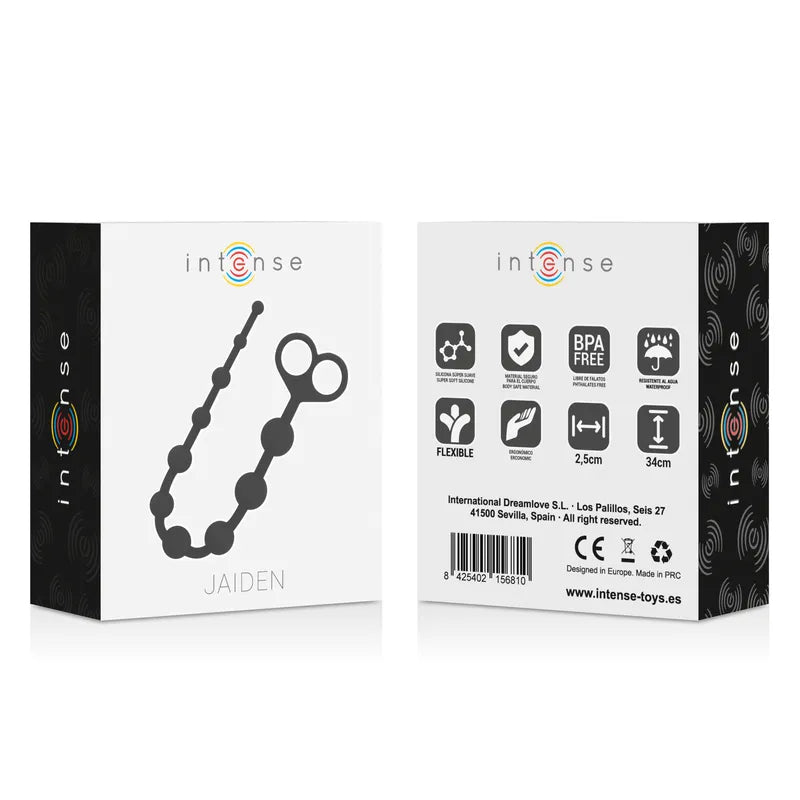Boules de plaisir anal en silicone noir, hypoallergéniques, avec poignée, présentées dans une boîte élégante.