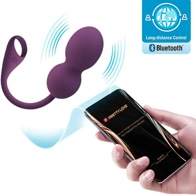 Boules Kegel vibrantes en silicone violet avec télécommande Bluetooth, forme ergonomique, 12 modes de vibration.