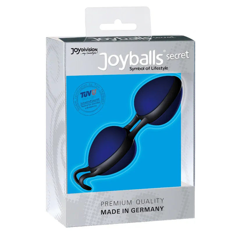 Boules vaginales bleues en Silikomed pour renforcement pelvien, dans une boîte transparente avec texte Made in Germany.