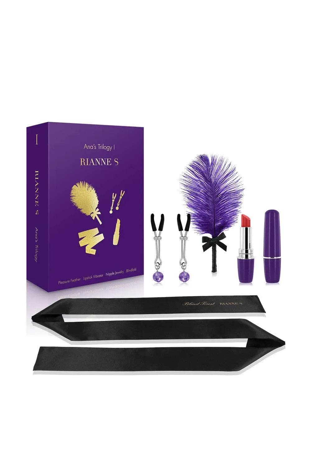 Box Erotique RIANNE S avec plume violette, bandeau noir, vibromasseur rouge à lèvres et accessoires sensuels.
