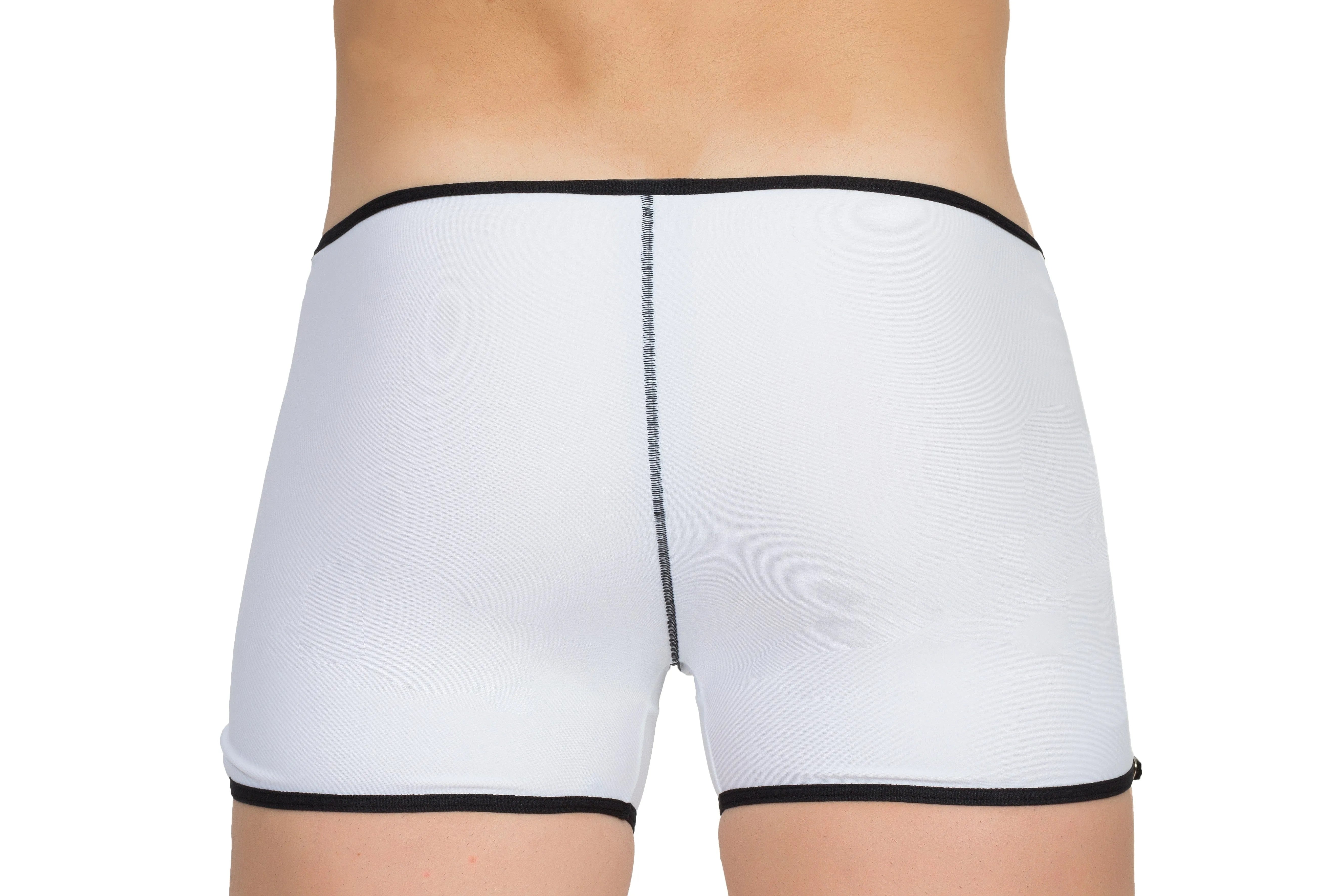 Boxer blanc bi-matière avec fausse fermeture éclair, détails noirs, cinq pressions sur le côté, design moderne et conforta...