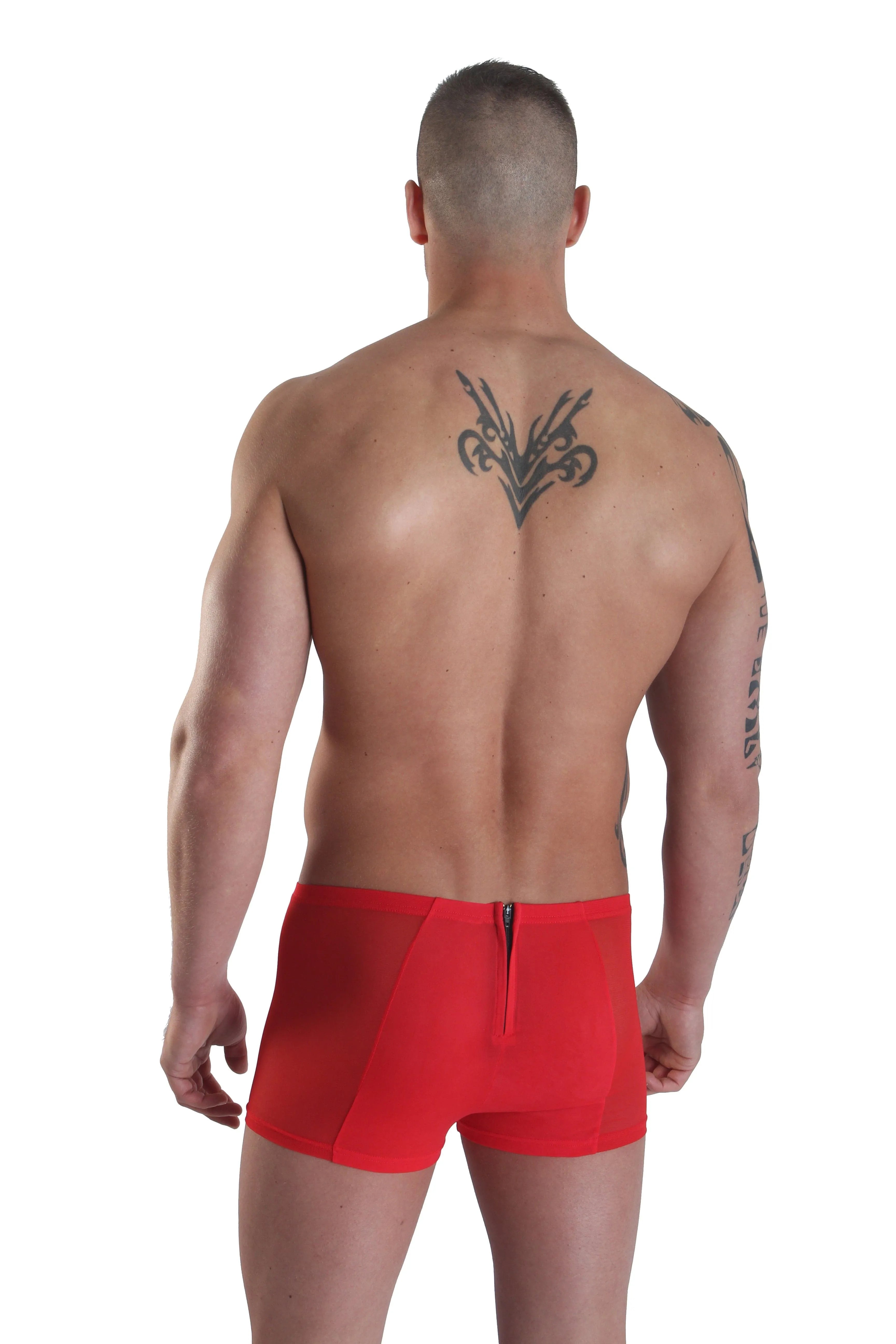 Boxer caleçon rouge homme avec fermetures éclair avant et arrière, design moderne et confortable, tissu doux et extensible.