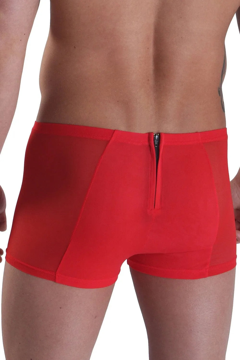 Boxer rouge homme avec fermetures éclair avant et arrière, tissu doux en polyamide et élasthanne, confort et style.