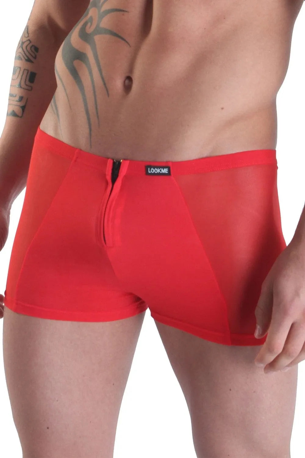Boxer rouge pour homme avec fermetures éclair avant et arrière, design transparent, mélange polyamide et élasthanne.