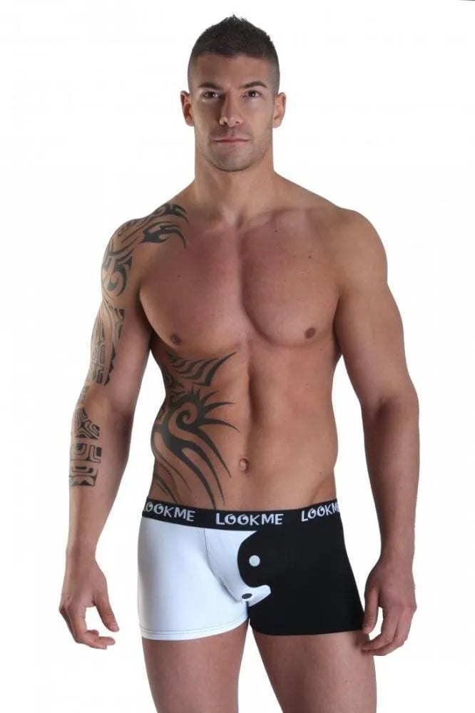 Boxer homme noir et blanc Yin Yang, ceinture siglée LOOK ME, ajusté, collection Urban Legend, confort et style unique.