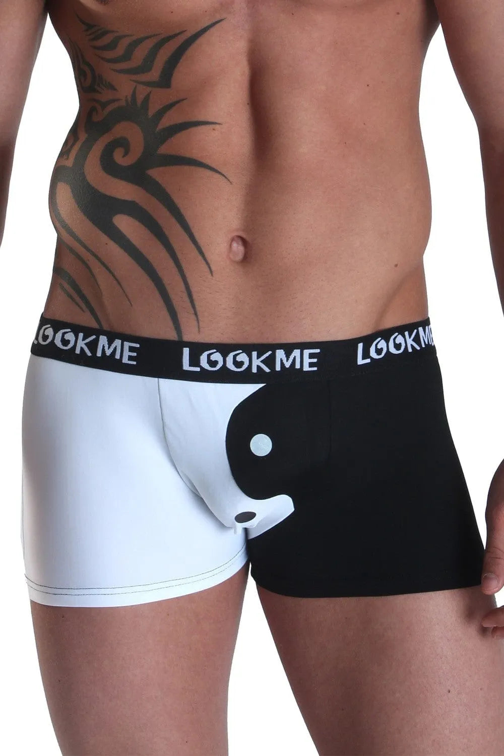 Boxer homme noir et blanc, motif Yin Yang, ceinture siglée, 80% polyamide, 20% élasthanne, collection Urban Legend.